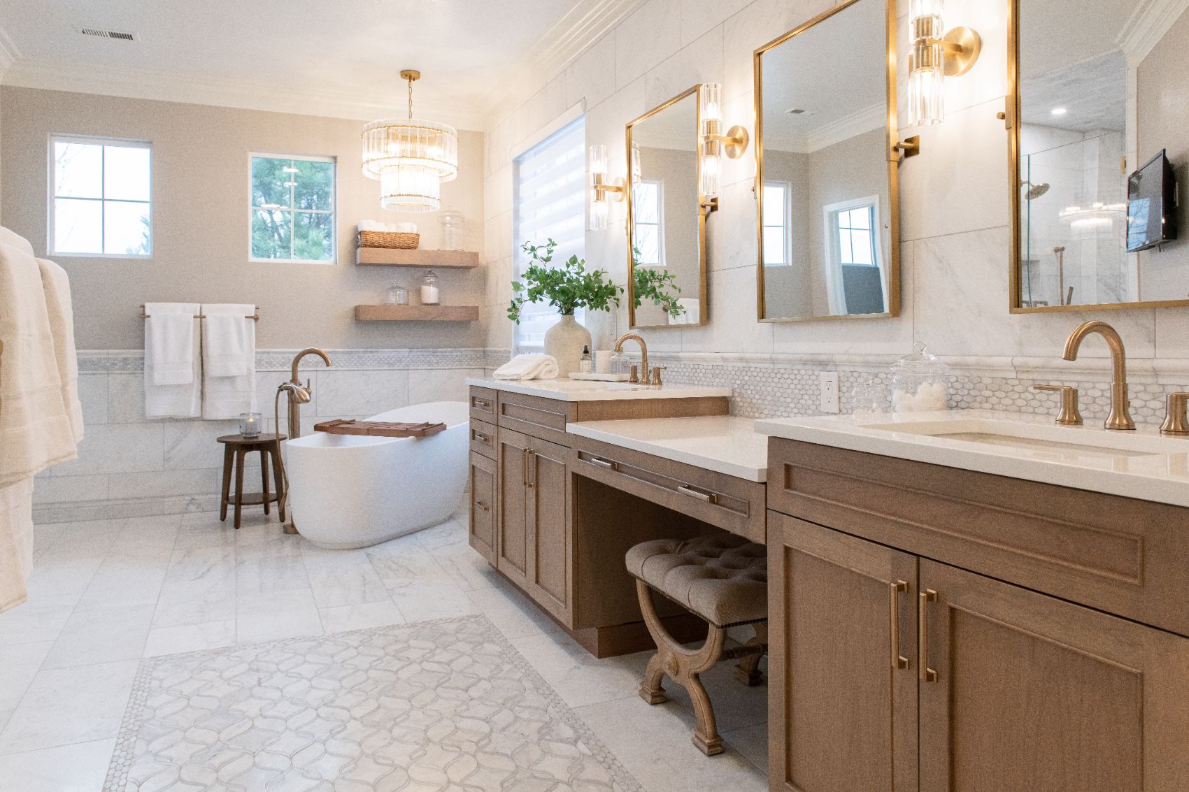 Mary Court primary bath with double white oak vanities